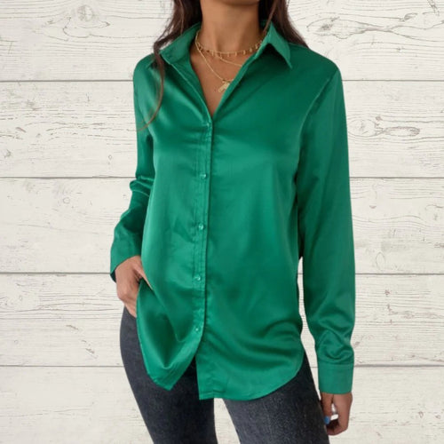 Satin Long-Sleeve Lapel Shirt – Idris – Green