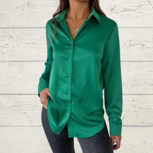 Satin Long-Sleeve Lapel Shirt – Idris – Green