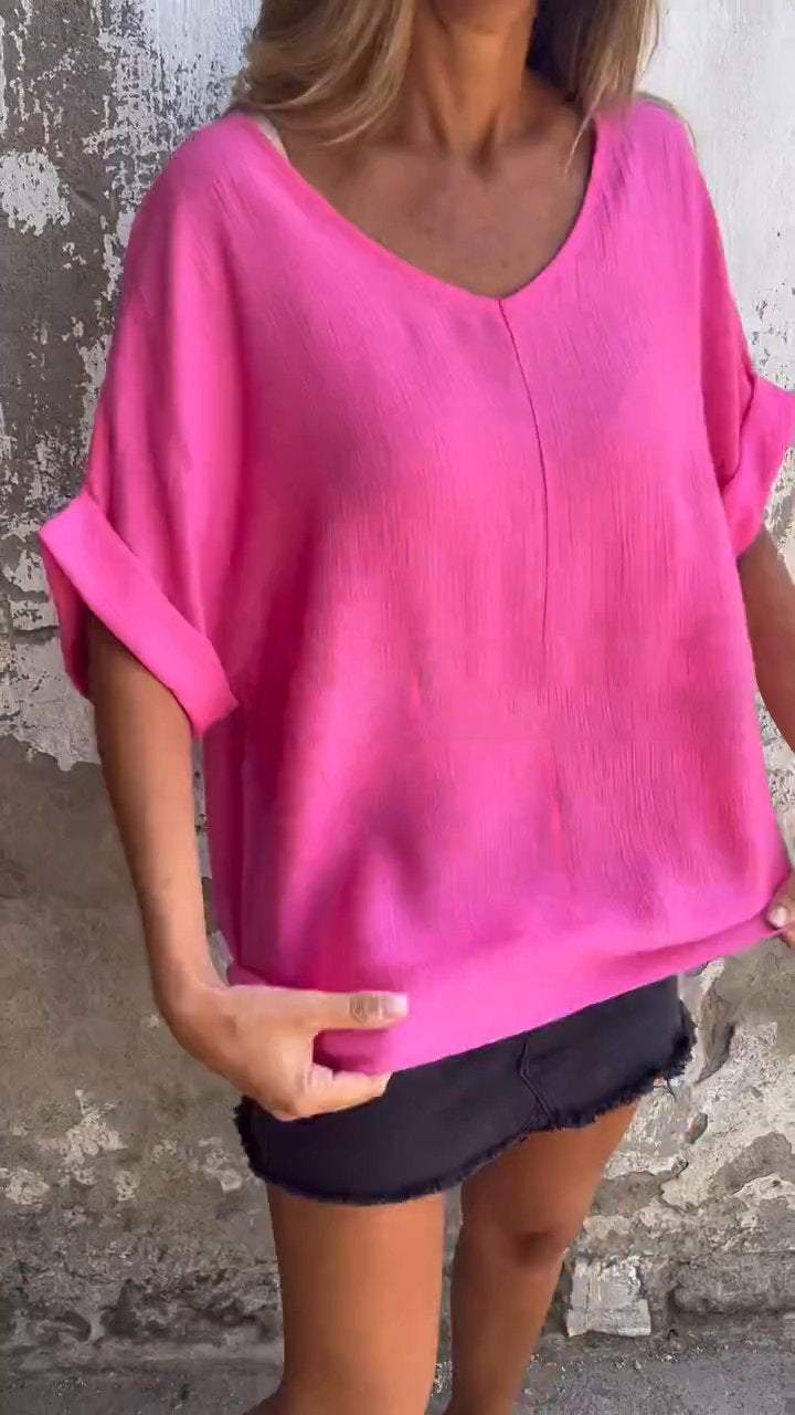 Casual V-Neck Top with Elbow Sleeves – Cordelia – Hot Pink