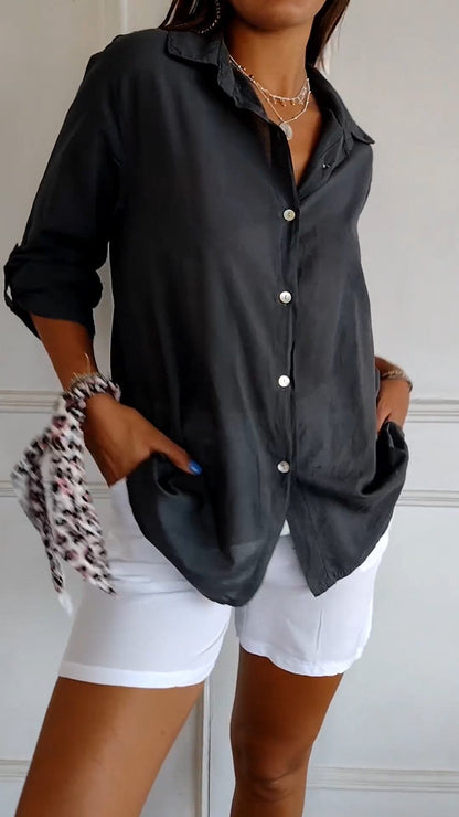 Cotton-Linen Lapel Shirt with 3/4 Sleeves – Georgina – Black