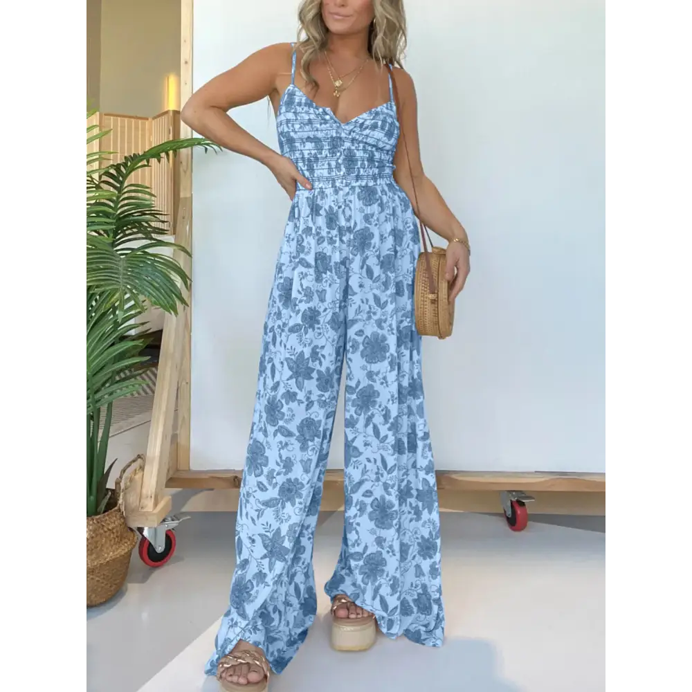 Floral V-Neck Jumpsuit – Flora – Blue