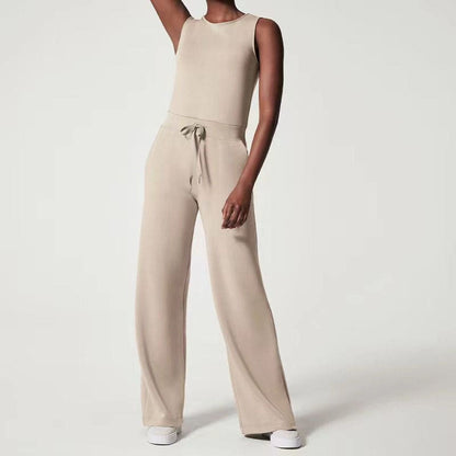 Casual Sleeveless Wide-Leg Jumpsuit with Pockets – Celia – Beige