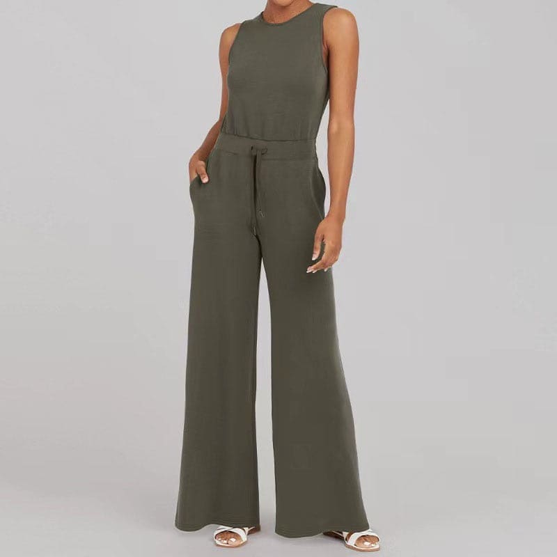 Casual Sleeveless Wide-Leg Jumpsuit with Pockets – Celia – Green