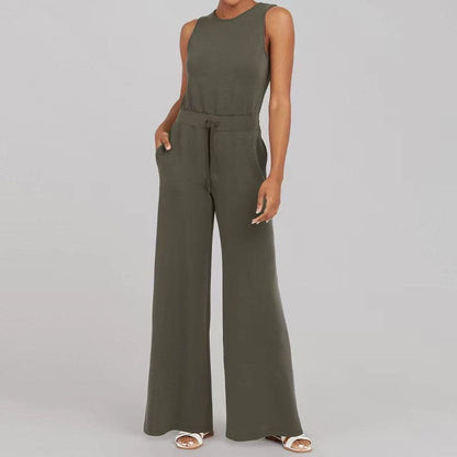Casual Sleeveless Wide-Leg Jumpsuit with Pockets – Celia – Green