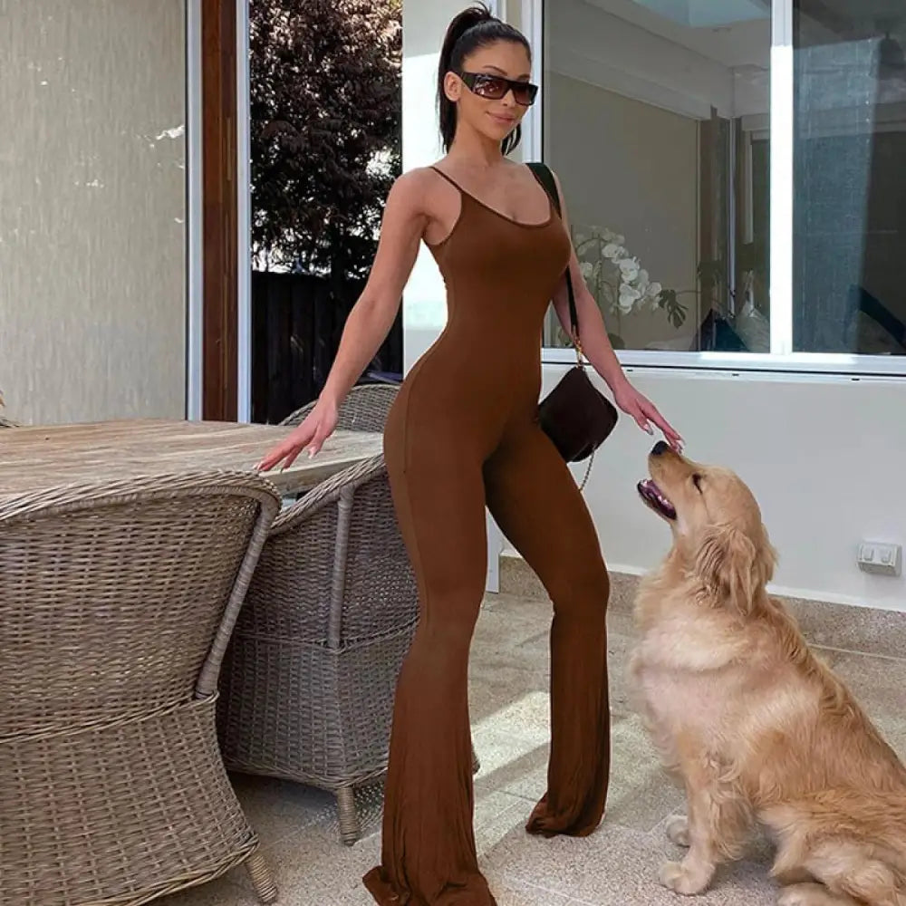 Women's Flare-Hem Legging Jumpsuit – Dahlia – Coffee