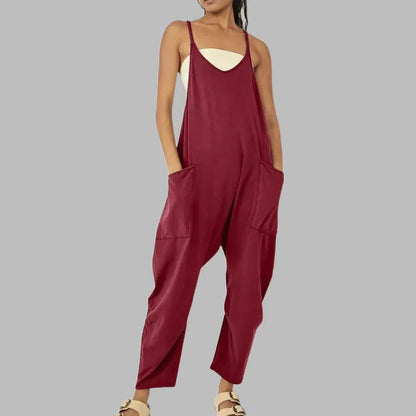 Women's Cropped Wide-Leg Jumpsuit with Pockets – Lisette – Red