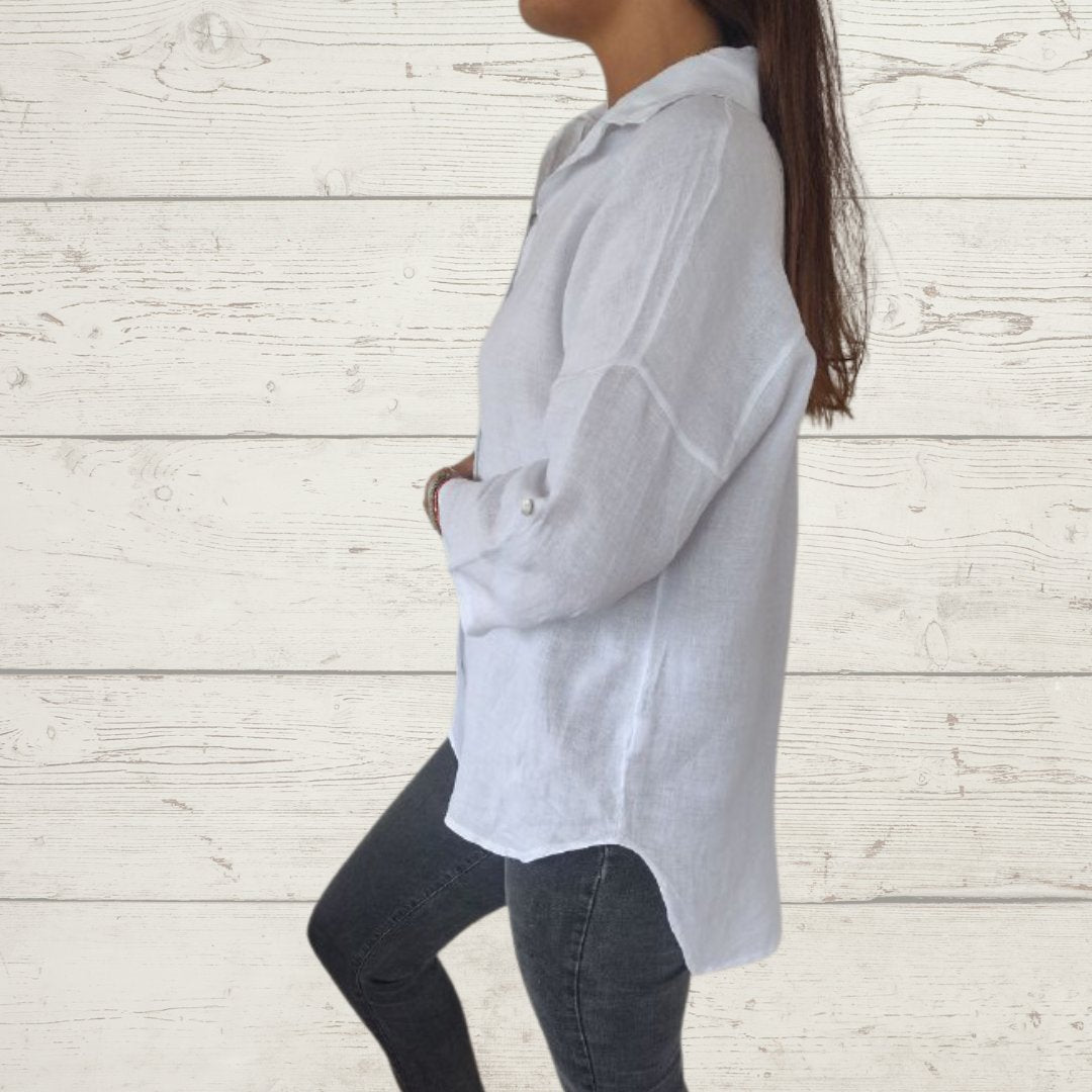 Women's Solid Cotton-Linen Button Shirt – Dove – view 6