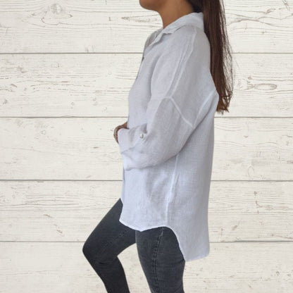 Women's Solid Cotton-Linen Button Shirt – Dove – view 6
