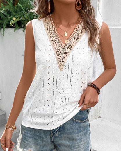 Women's Eyelet-Embroidered Tank with Lace Panel – Rina