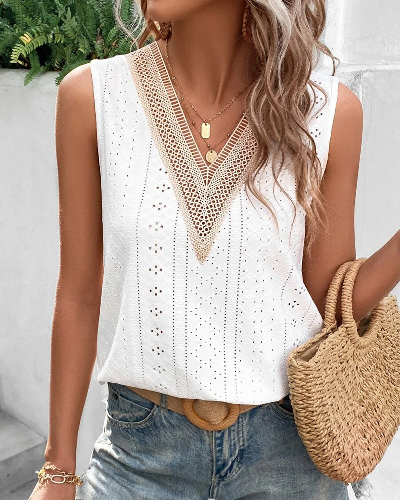 Women's Eyelet-Embroidered Tank with Lace Panel – Rina – White