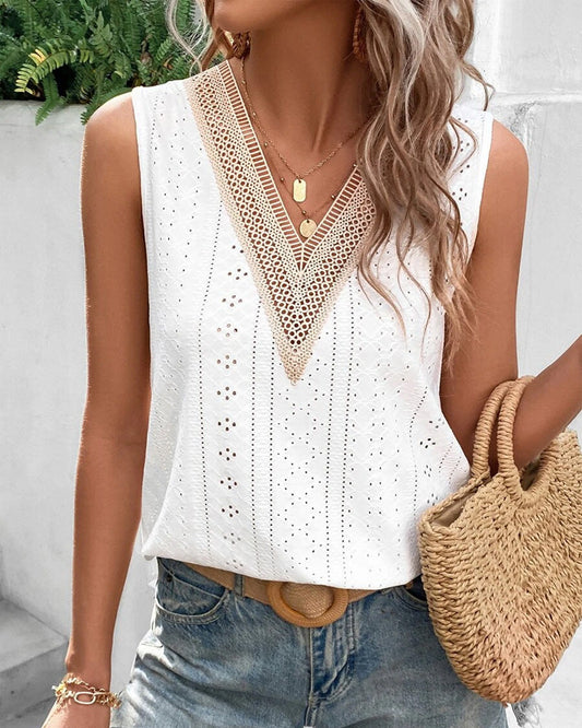 Women's Eyelet-Embroidered Tank with Lace Panel – Rina – White
