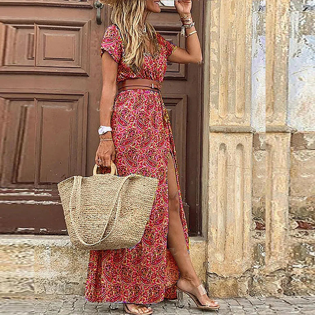 Women's Long Boho Dress with Ruched Waist – Emma – Dark Red