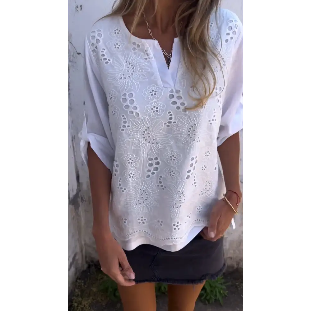 Women's Embroidered V-Neck Blouse – Lacey – White