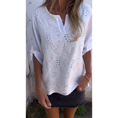 Women's Embroidered V-Neck Blouse – Lacey – White