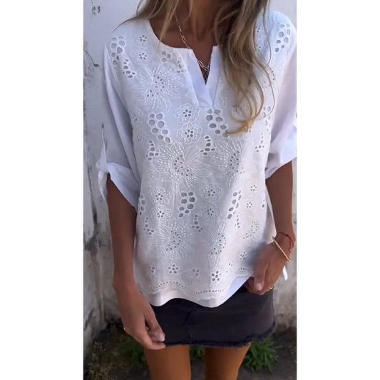 Women's Embroidered V-Neck Blouse – Lacey – White