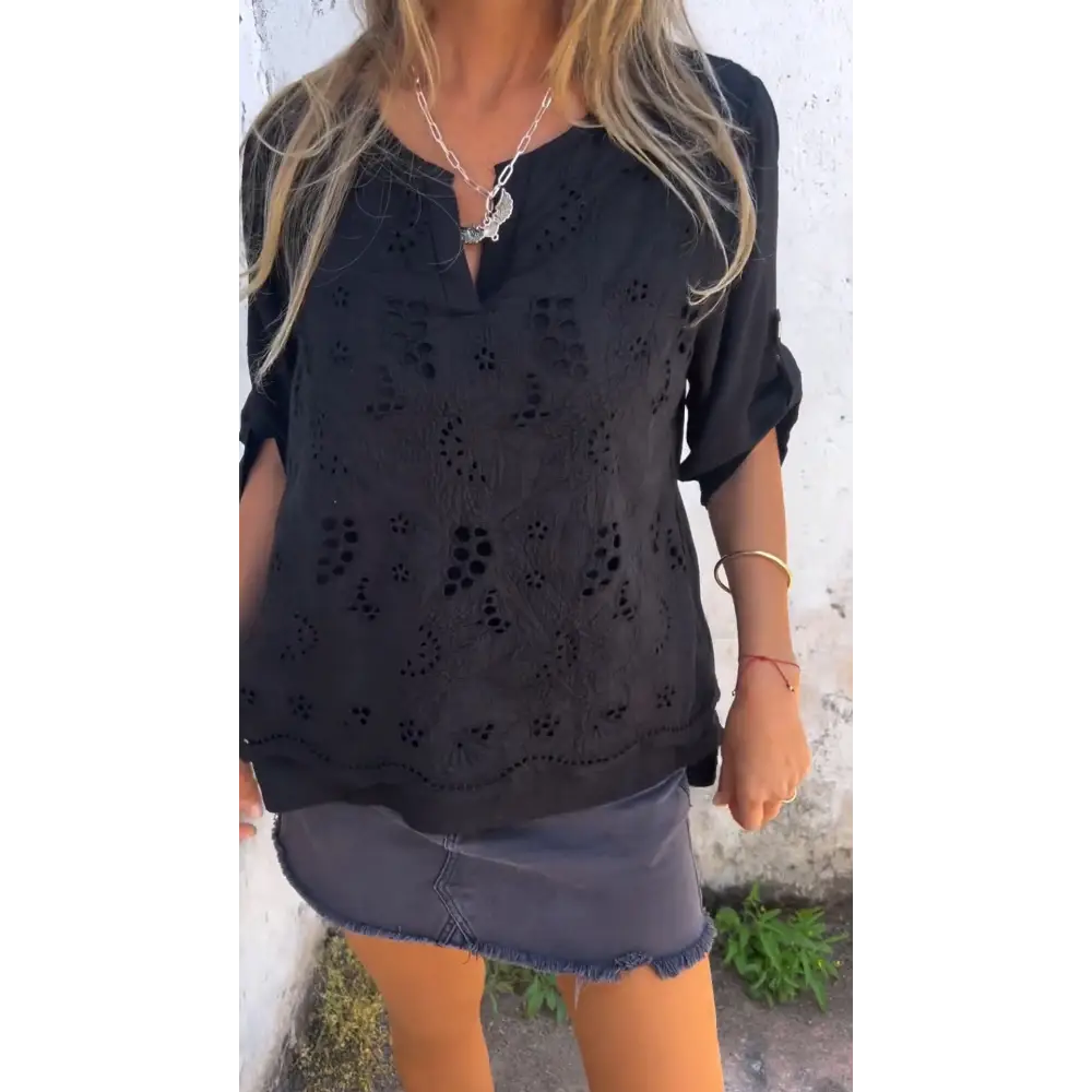 Women's Embroidered V-Neck Blouse – Lacey – Black