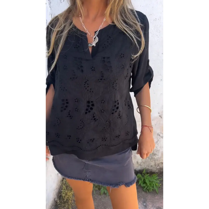 Women's Embroidered V-Neck Blouse – Lacey – Black