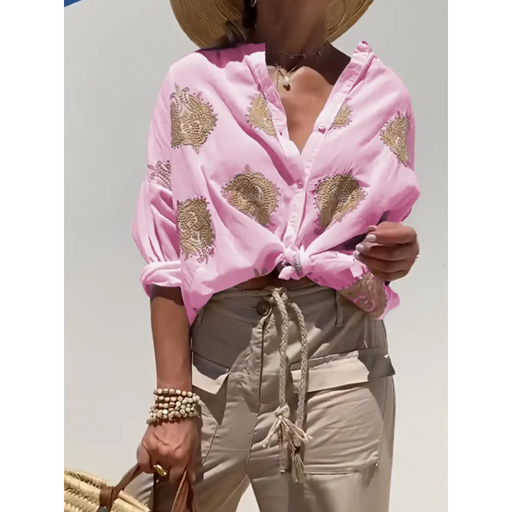 Women's Embroidered Cotton Button Shirt – Ella – Pink