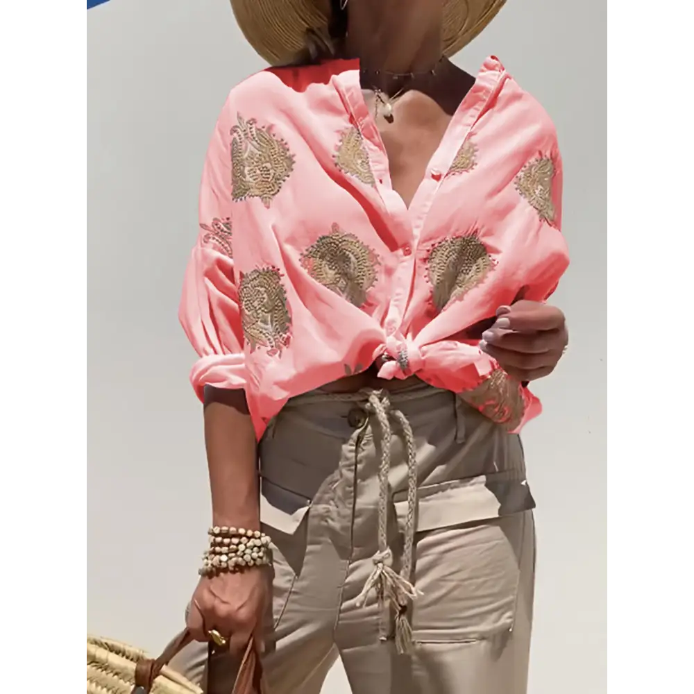 Women's Embroidered Cotton Button Shirt – Ella – Coral Red