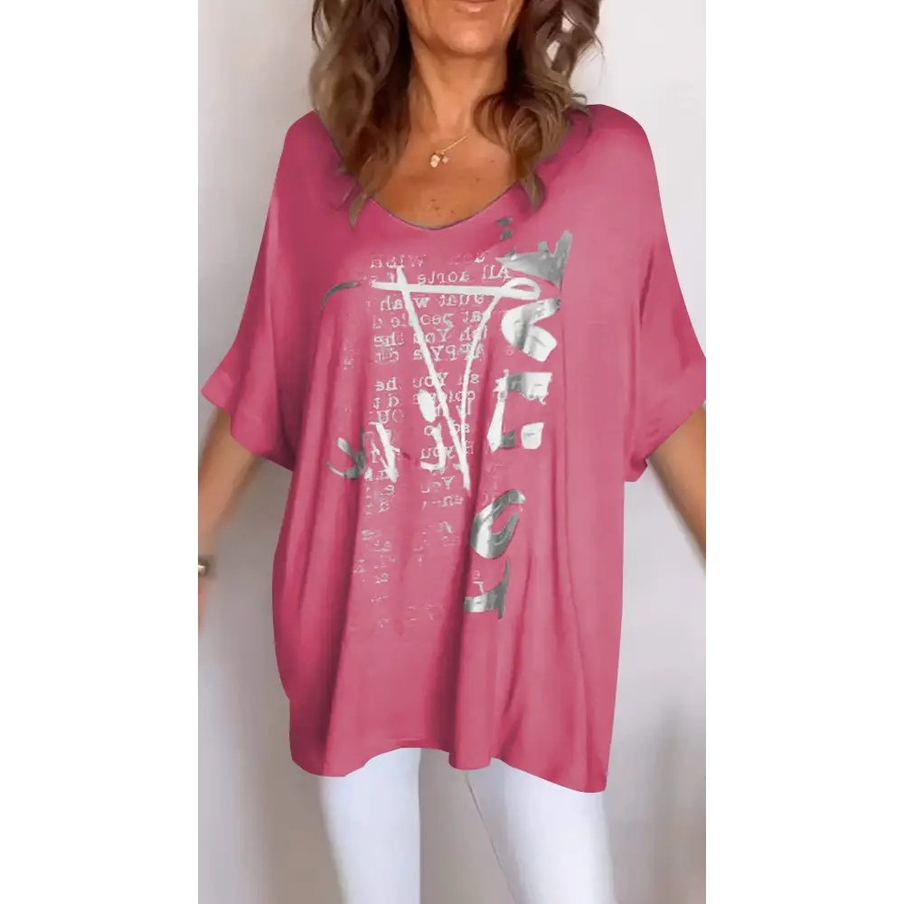 Casual Printed V-Neck Blouse – Amber – Hot Pink