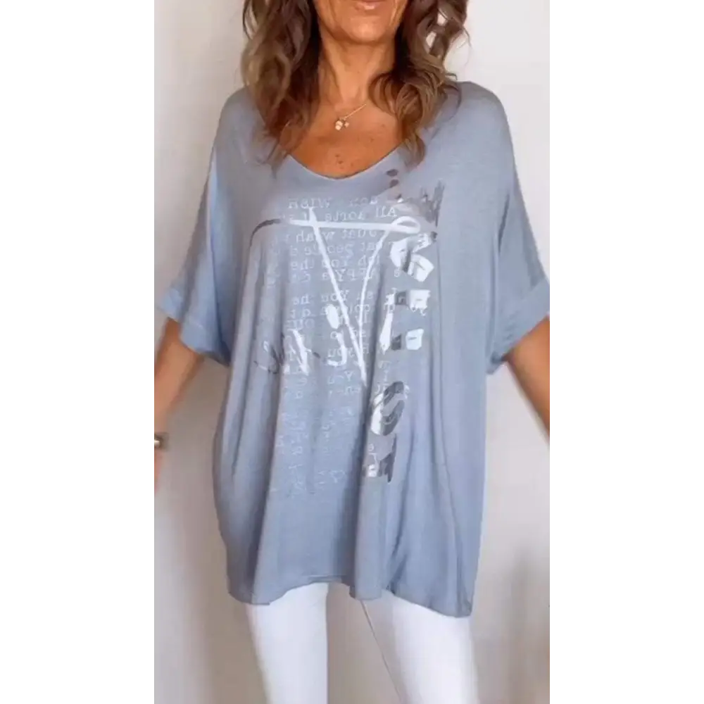 Casual Printed V-Neck Blouse – Amber – Blue