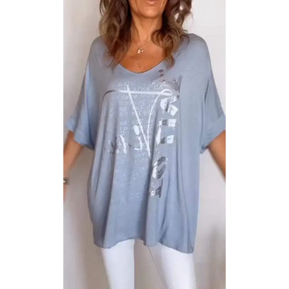 Casual Printed V-Neck Blouse – Amber – Blue