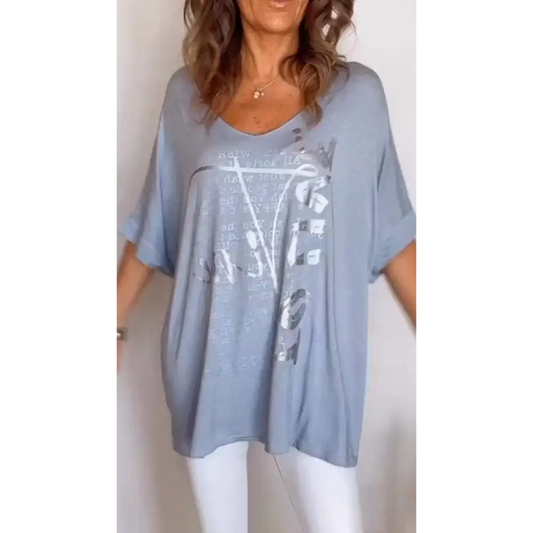 Casual Printed V-Neck Blouse – Amber – Blue