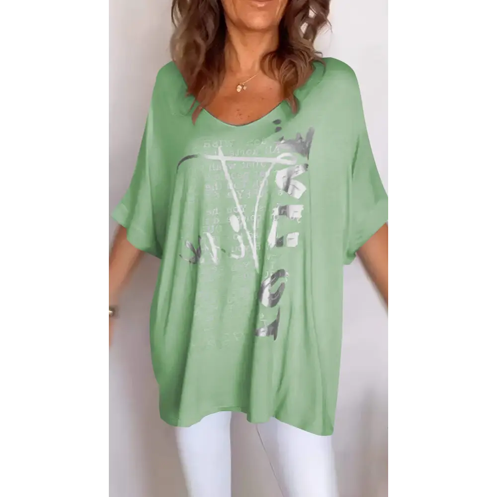 Casual Printed V-Neck Blouse – Amber – Green