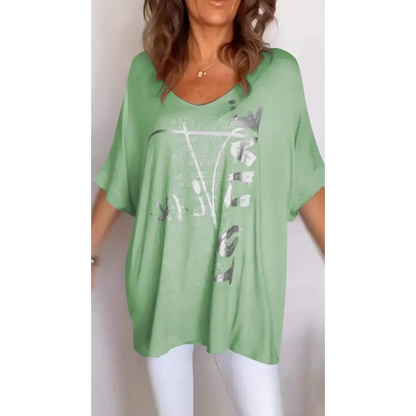 Casual Printed V-Neck Blouse – Amber – Green