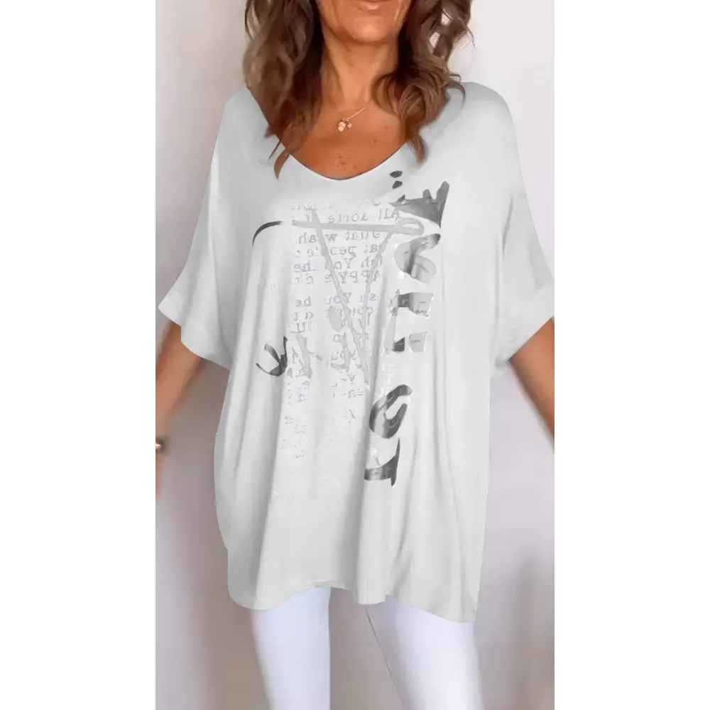 Casual Printed V-Neck Blouse – Amber – White
