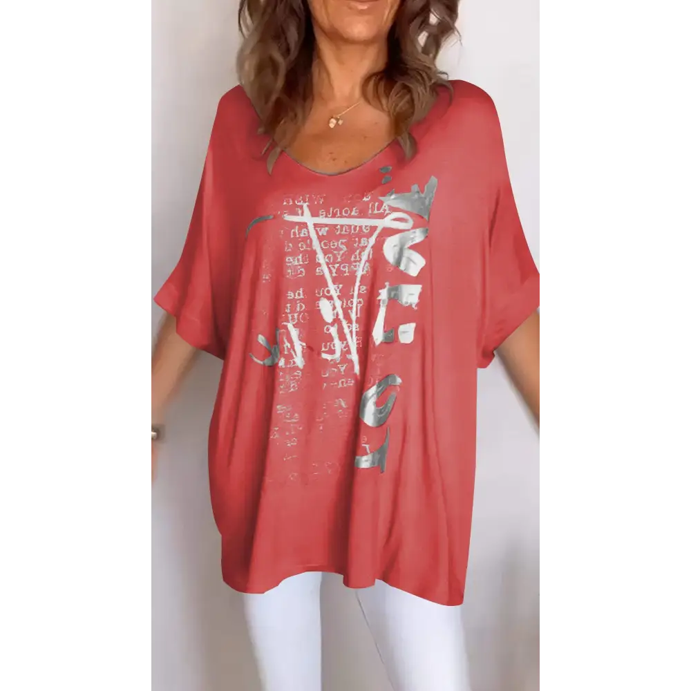 Casual Printed V-Neck Blouse – Amber – Red