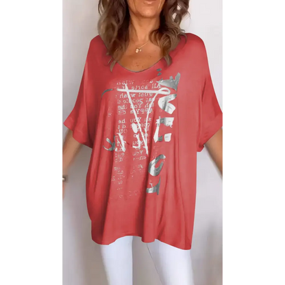 Casual Printed V-Neck Blouse – Amber – Red