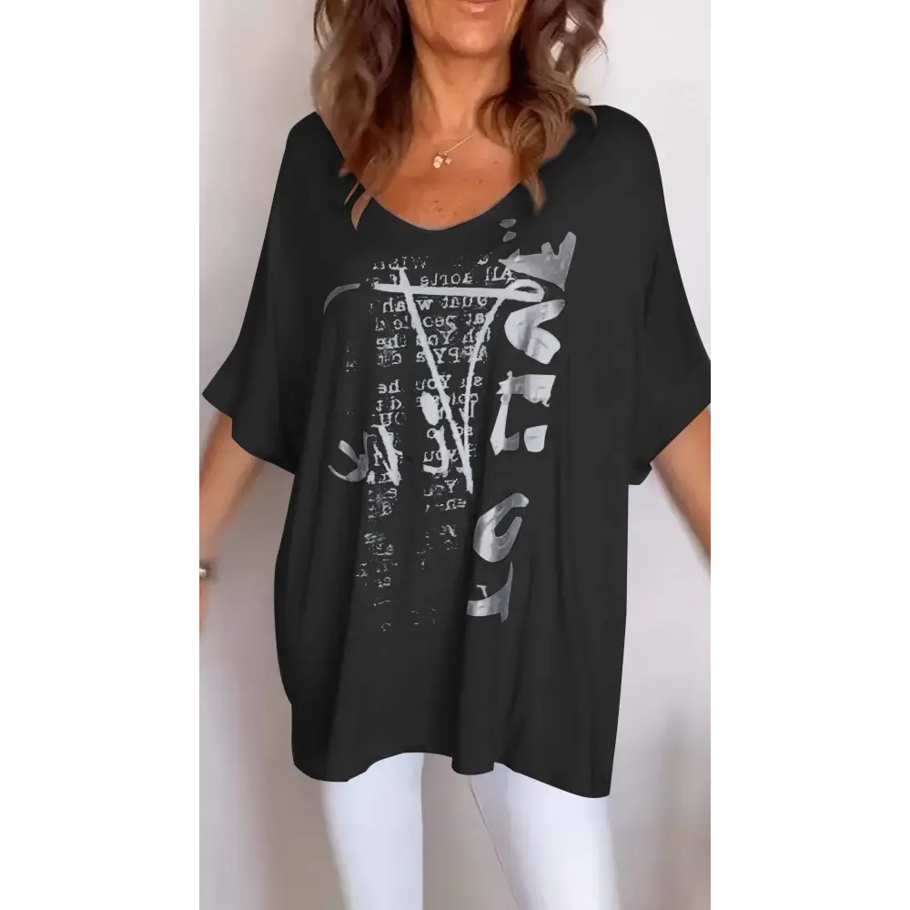Casual Printed V-Neck Blouse – Amber – Black