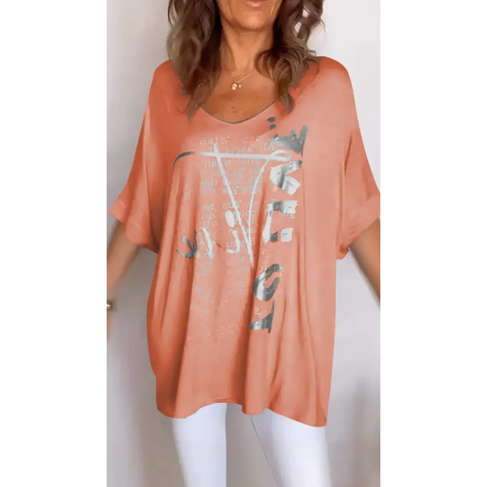 Casual Printed V-Neck Blouse – Amber – Orange