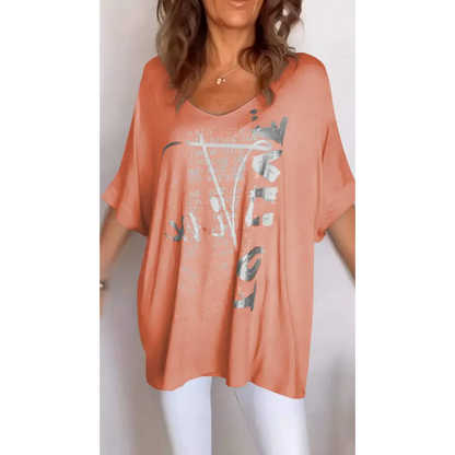 Casual Printed V-Neck Blouse – Amber – Orange