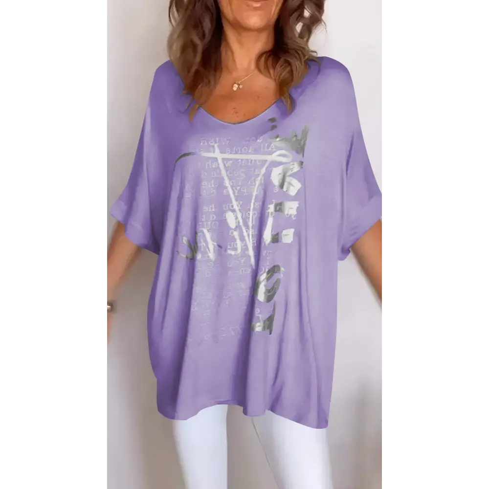 Casual Printed V-Neck Blouse – Amber – Purple