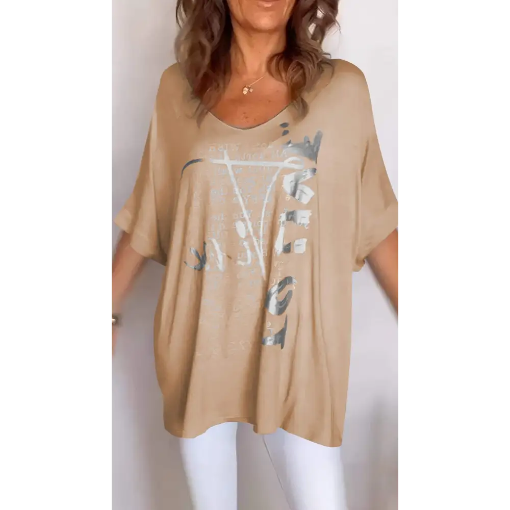 Casual Printed V-Neck Blouse – Amber – Khaki