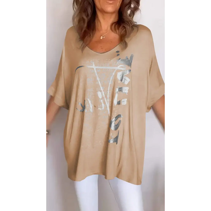 Casual Printed V-Neck Blouse – Amber – Khaki