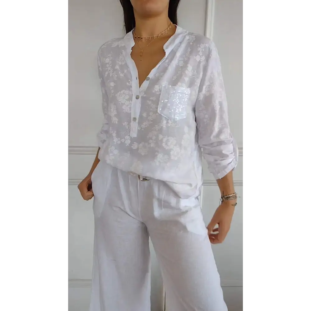 Printed V-Neck Button Blouse – Gaia – White