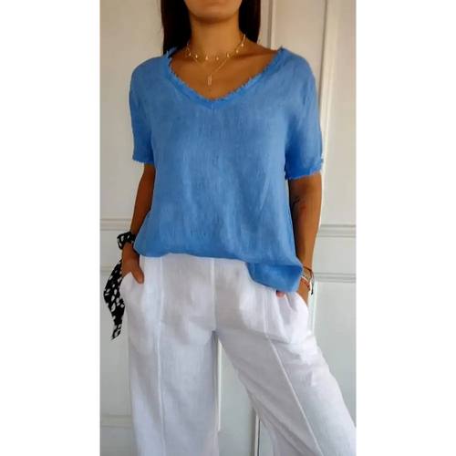Cropped Casual V-Neck Blouse – Quinn – Blue