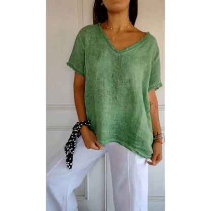 Cropped Casual V-Neck Blouse – Quinn – Green
