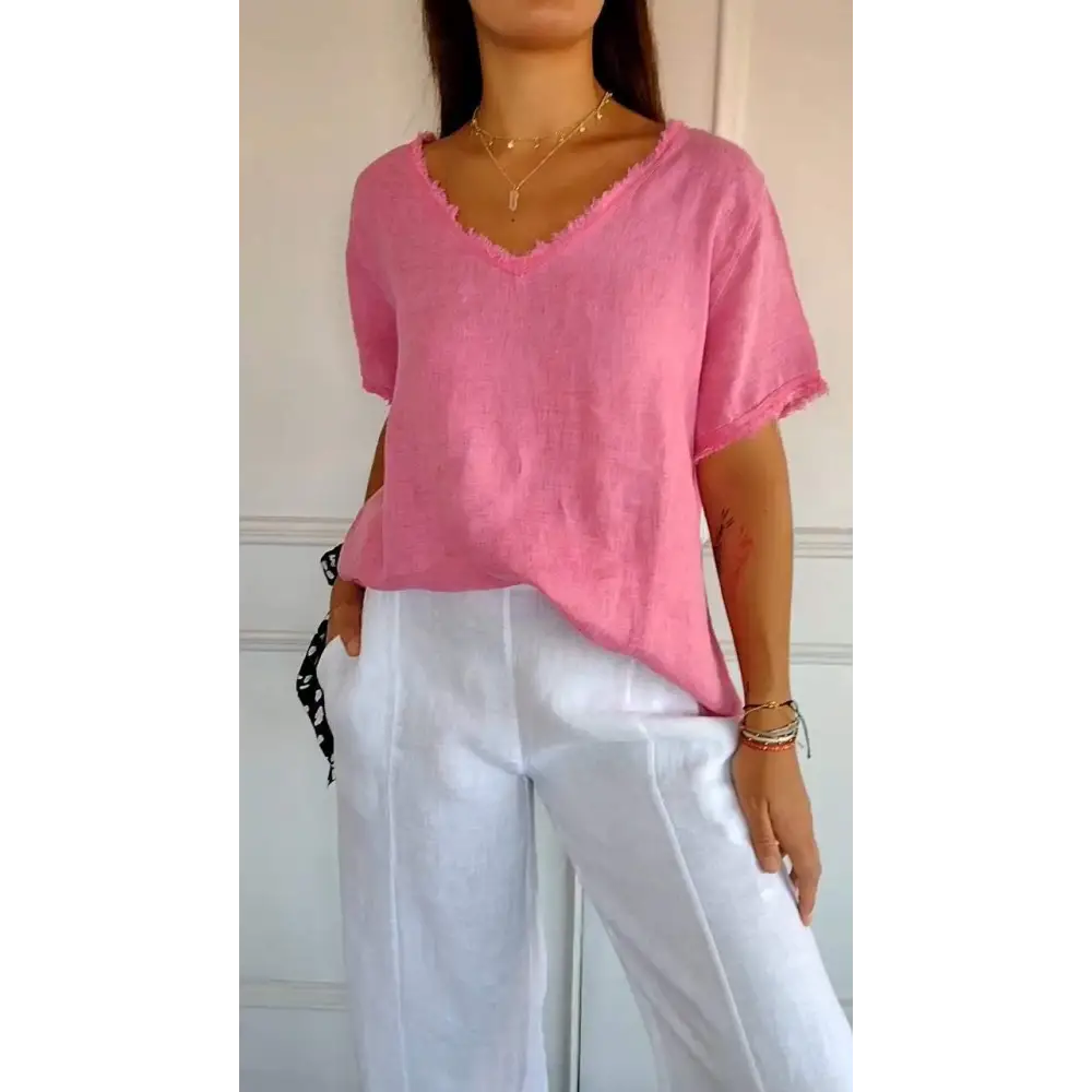 Cropped Casual V-Neck Blouse – Quinn – Pink