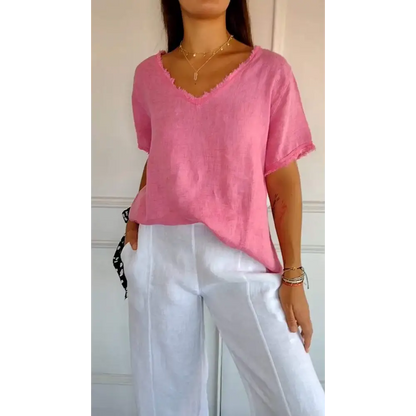 Cropped Casual V-Neck Blouse – Quinn – Pink