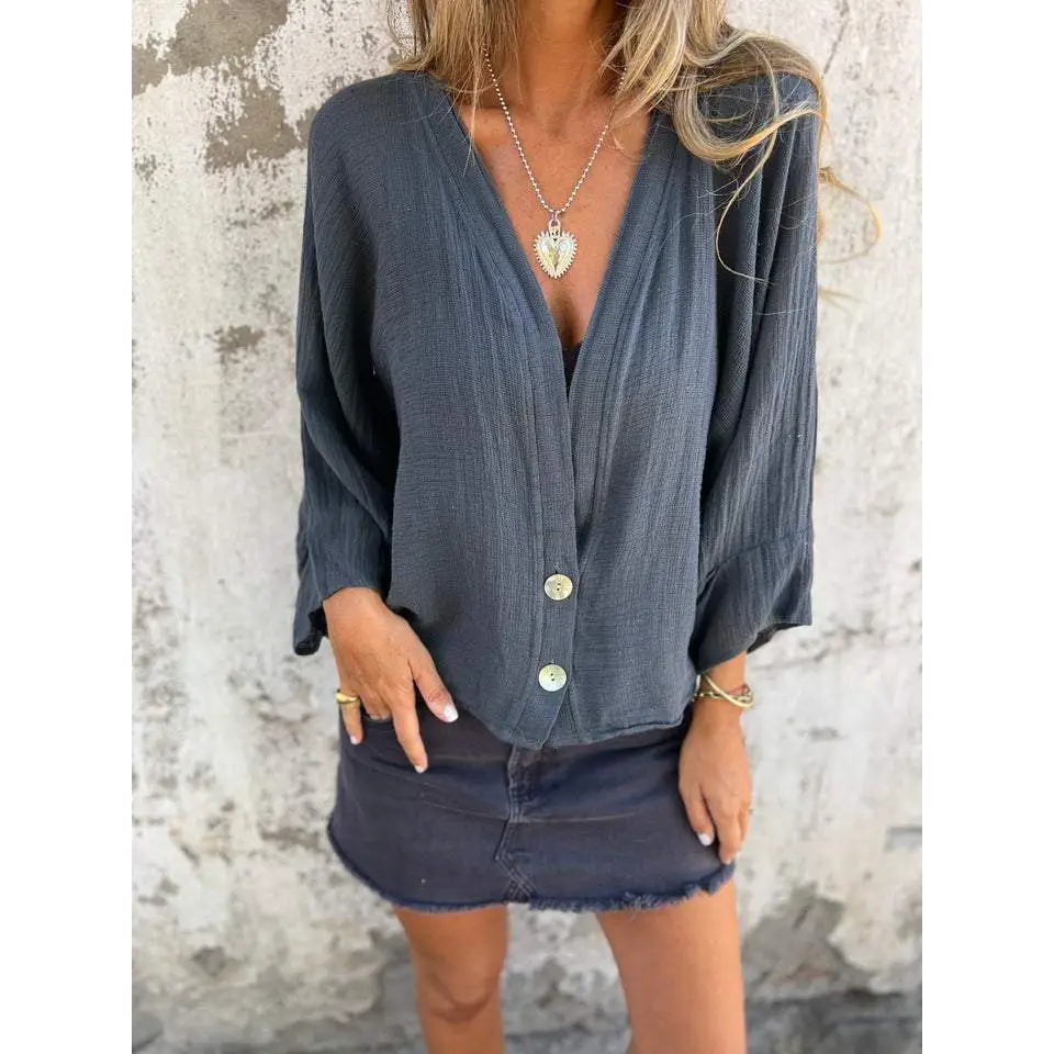 Casual Cotton-Linen V-Neck Blouse – Roman – view 8