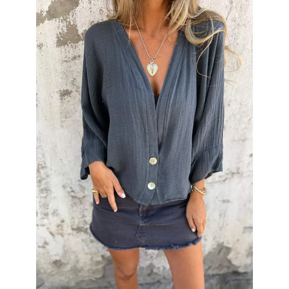 Casual Cotton-Linen V-Neck Blouse – Roman – view 8