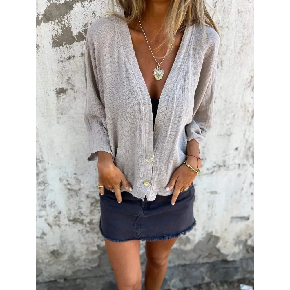 Casual Cotton-Linen V-Neck Blouse – Roman – Light Gray