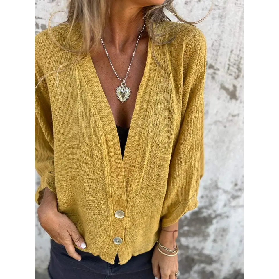 Casual Cotton-Linen V-Neck Blouse – Roman – Yellow
