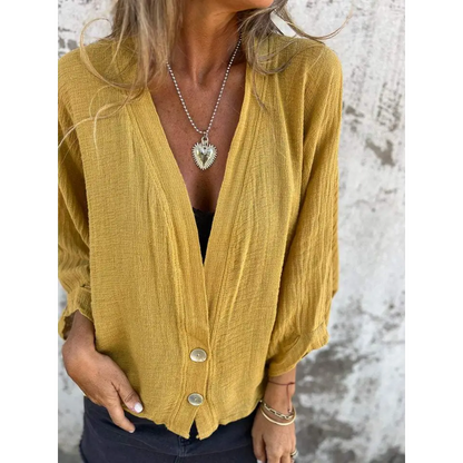Casual Cotton-Linen V-Neck Blouse – Roman – Yellow
