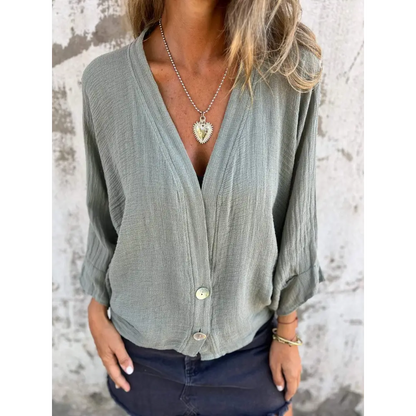 Casual Cotton-Linen V-Neck Blouse – Roman – Green
