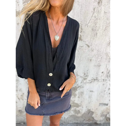Casual Cotton-Linen V-Neck Blouse – Roman – Black